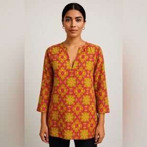 🌸 J. Crew Pink & Green Medallion Print Popover Blouse – 3/4 Bell Sleeve 🌸